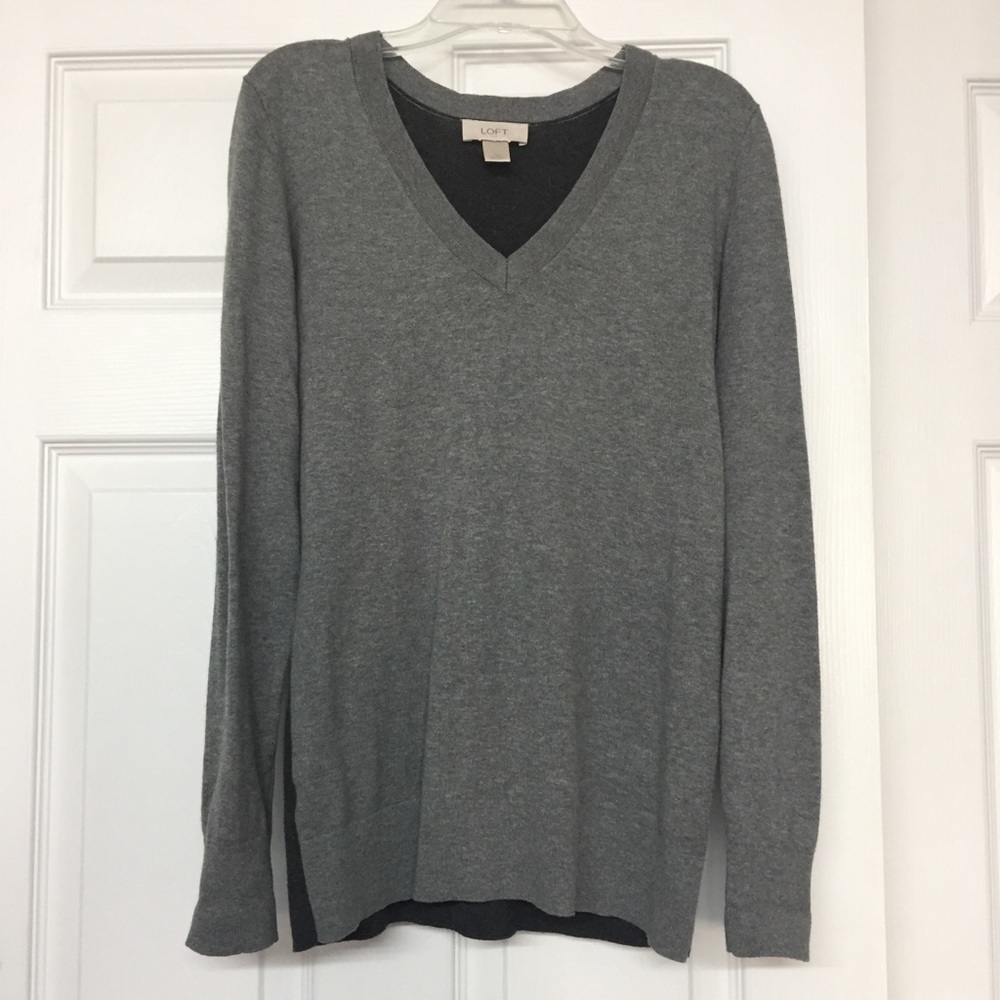 Loft Color Block 2 Tone Gray Cotton V Neck Long Line Sweater XS